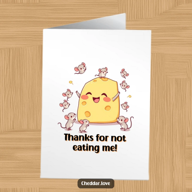Funny Free Printable Thank You Card: A happy cheese wedge comically juggles tiny mice, offering thanks.