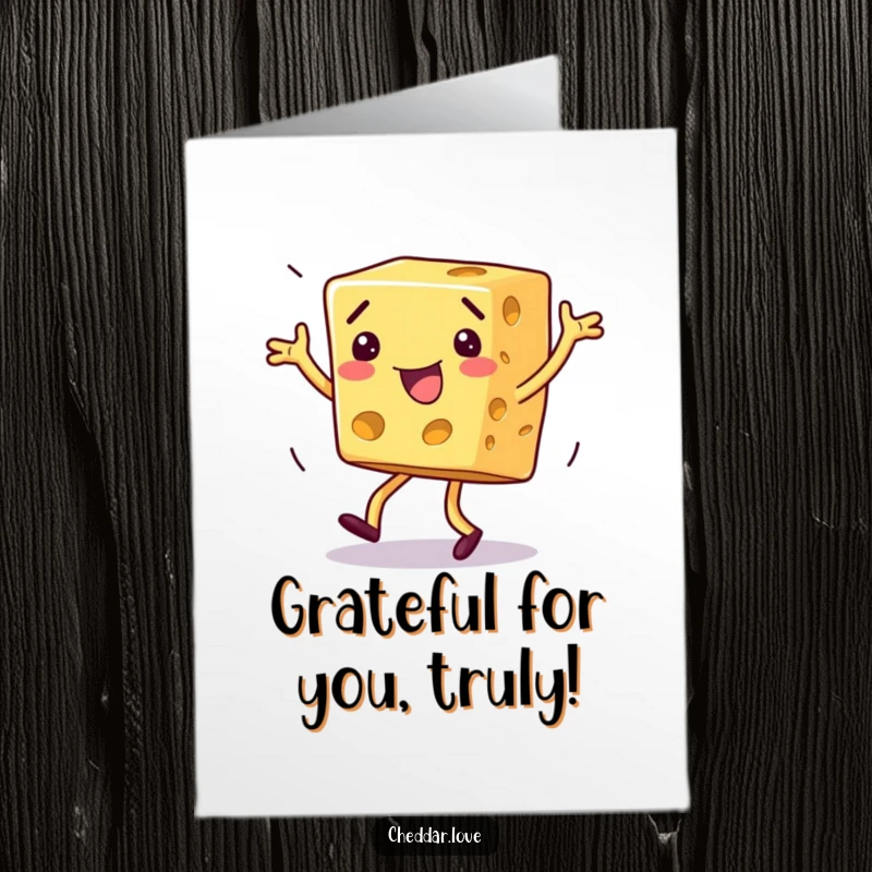 Funny Free Printable Thank You Card featuring a block of cheese doing a silly, exaggerated dance, a cheesy way to show gratitude.