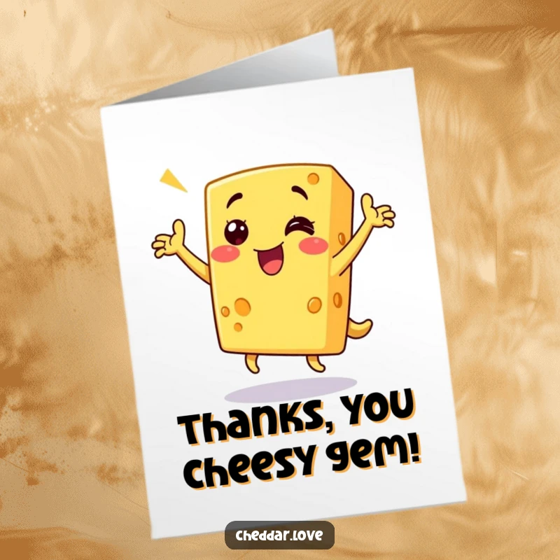 Funny Free Printable Thank You Card: A smiling wedge of cheddar cheese doing a happy, triumphant dance.
