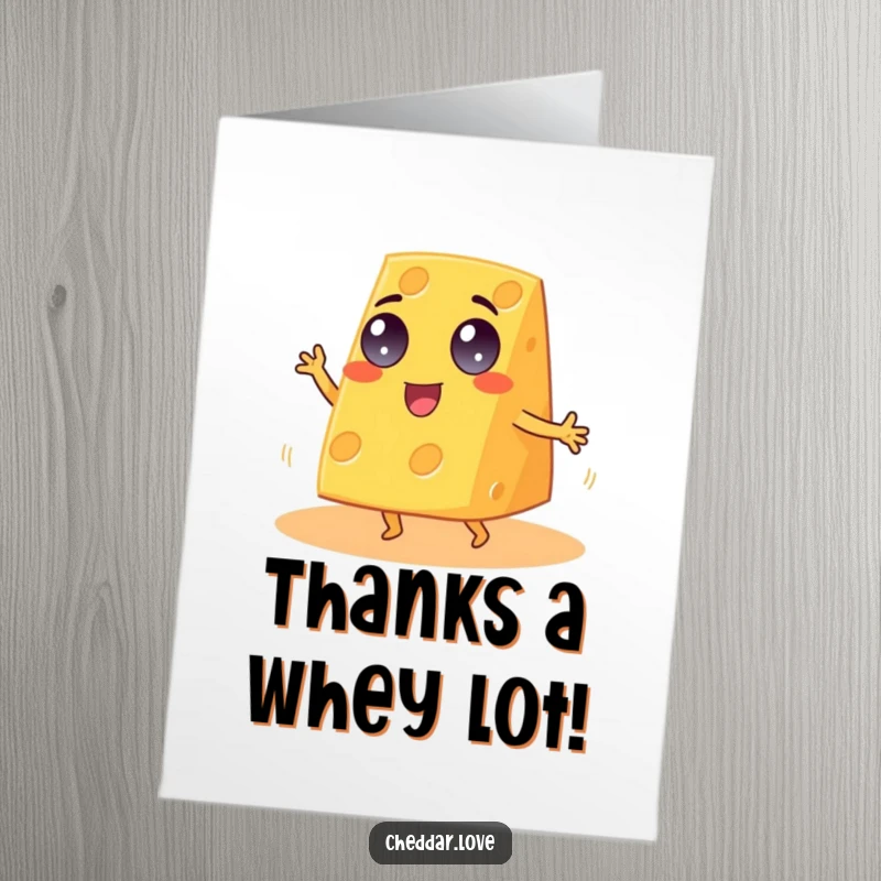Funny Free Printable Thank You Card: A cheerful cheddar cheese wedge with googly eyes executing a lively dancing performance.