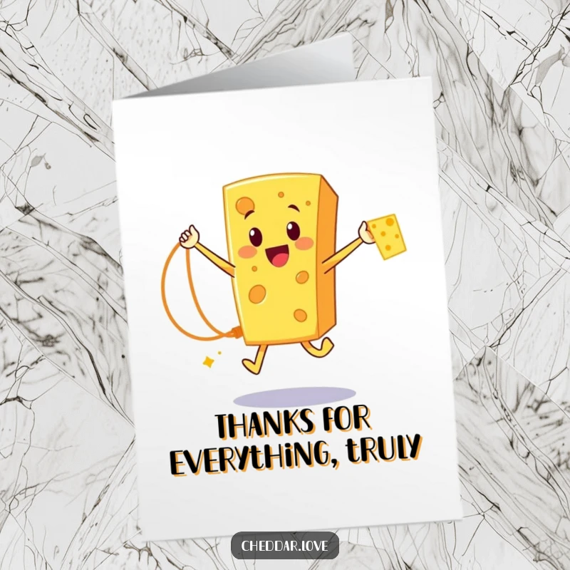 Funny Free Printable Thank You Card: Happy cheddar cheese character jumping rope with a cheesy strand, smiling.