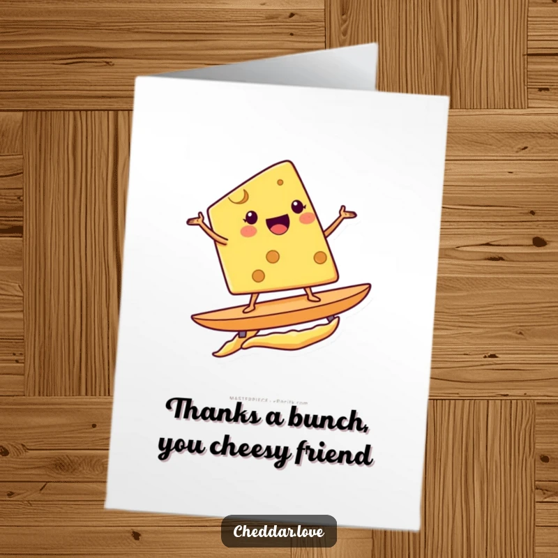 Funny Free Printable Thank You Card: Smiling cheese wedge surfs a chip, expressing thanks with energetic gratitude.