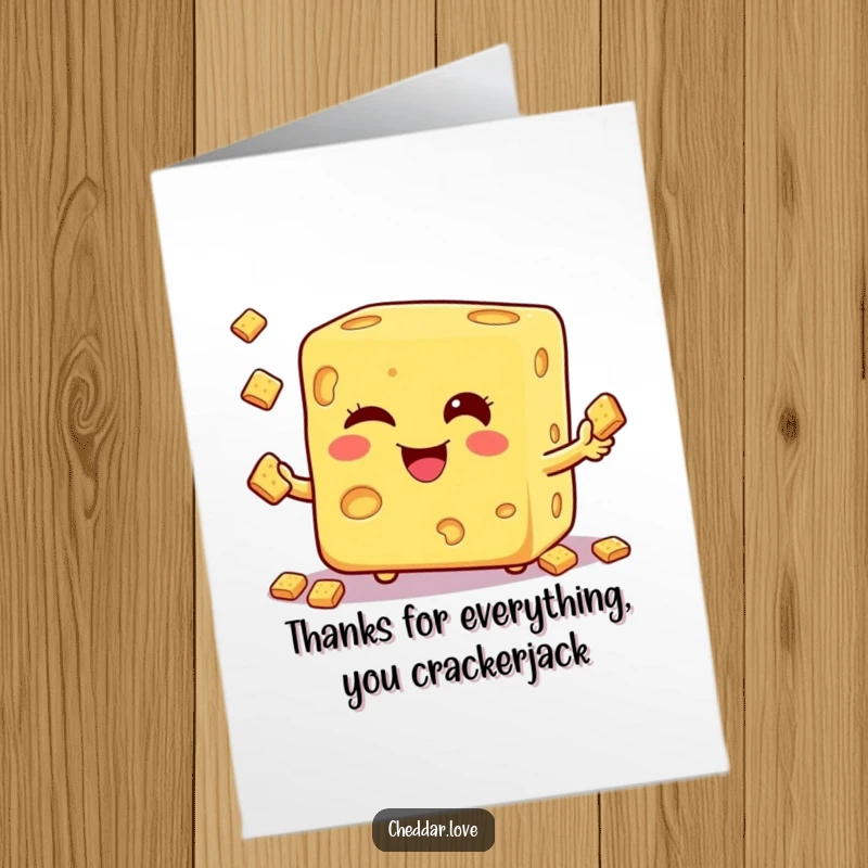 Funny Free Printable Thank You Card: Winking cheese cube juggles crackers, expressing sincere thanks with a playful wink.