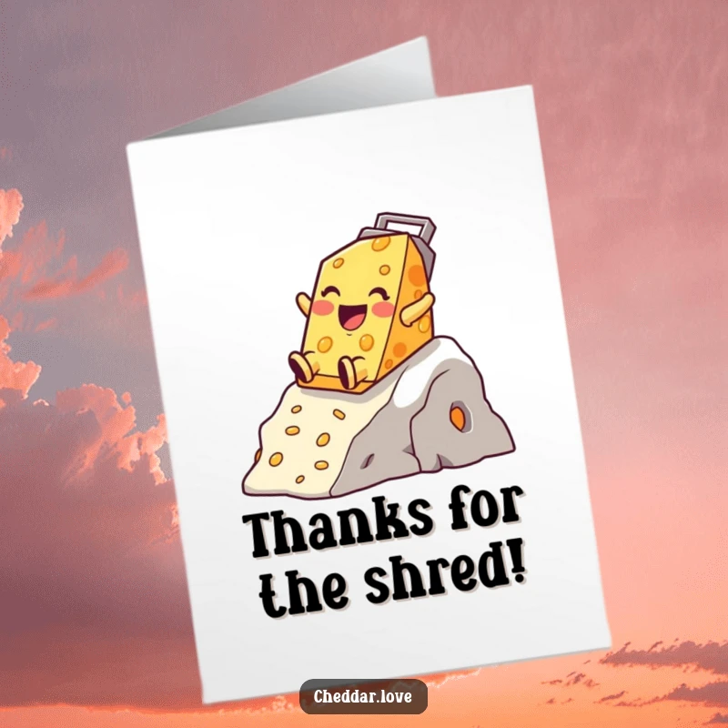 Funny Free Printable Thank You Card: A happy cheddar cheese character gleefully sliding down a cheese grater mountain with a smile.