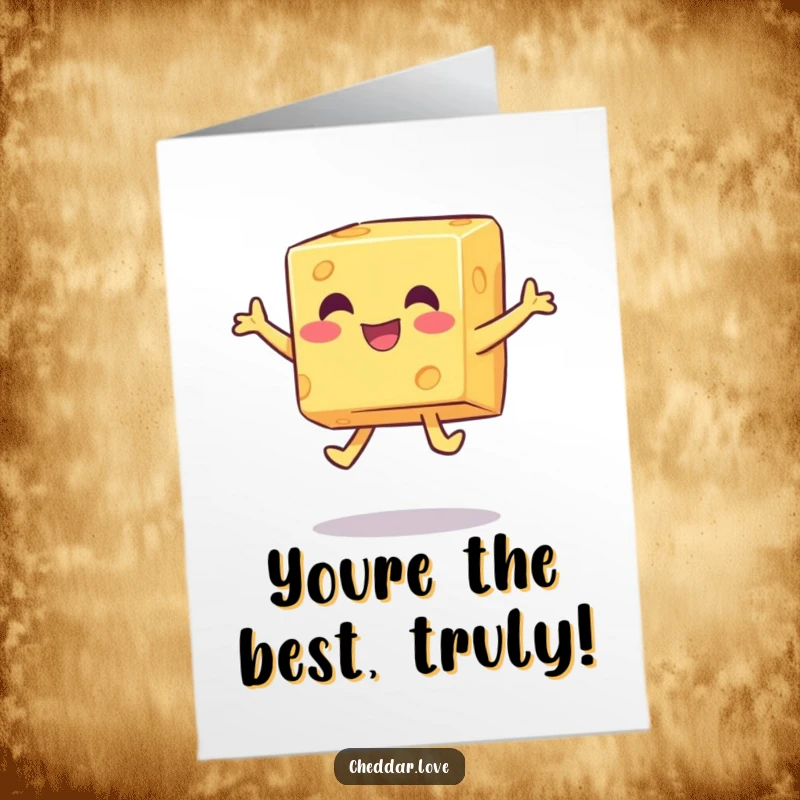 Funny Free Printable Thank You Card: A happy cheese cube in a playful jump, conveying thanks with energetic cheer.