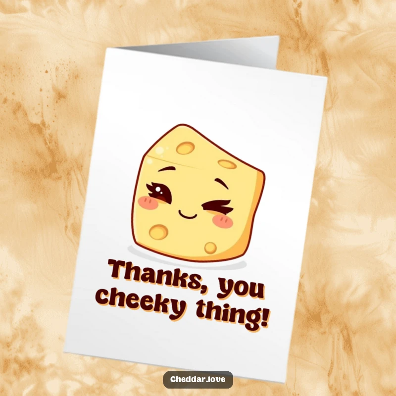 Funny free printable thank you card with a small chunk of cheese winking playfully with a mischievous smile.