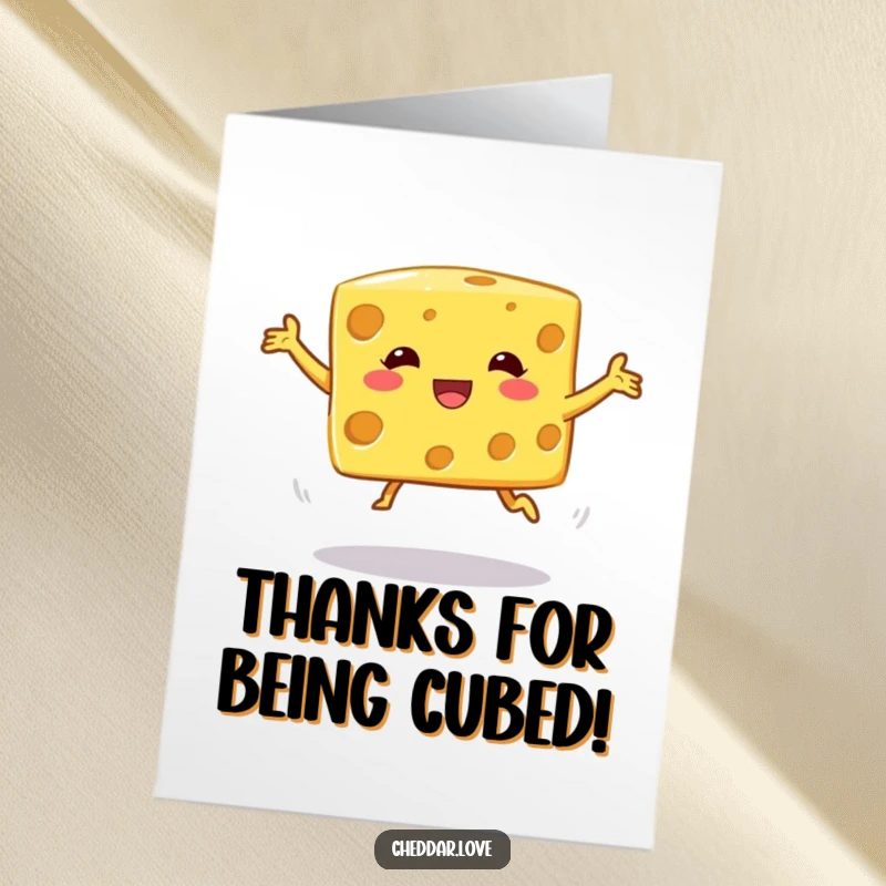 Funny Free Printable Thank You Card: A cheese cube character doing a silly, wobbly jump to say thank you.