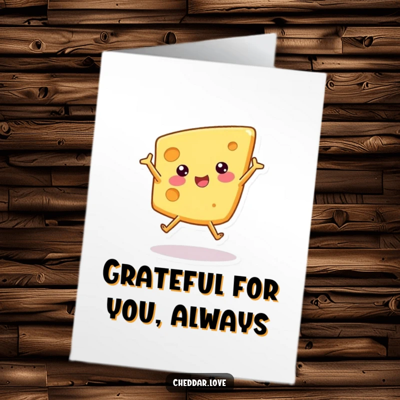 Funny Free Printable Thank You Card depicting an energetic cheese wedge doing a cartwheel, great for DIY appreciation.