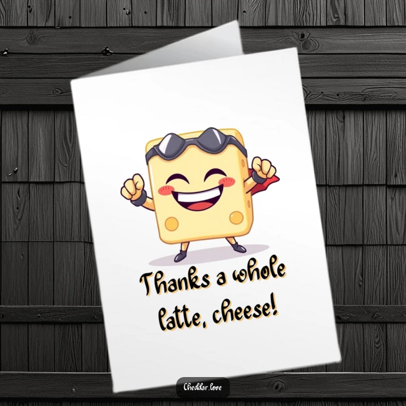 Funny Free Printable Thank You Card featuring a grinning cheese cube striking a superhero pose, a cheesy way to say thanks.