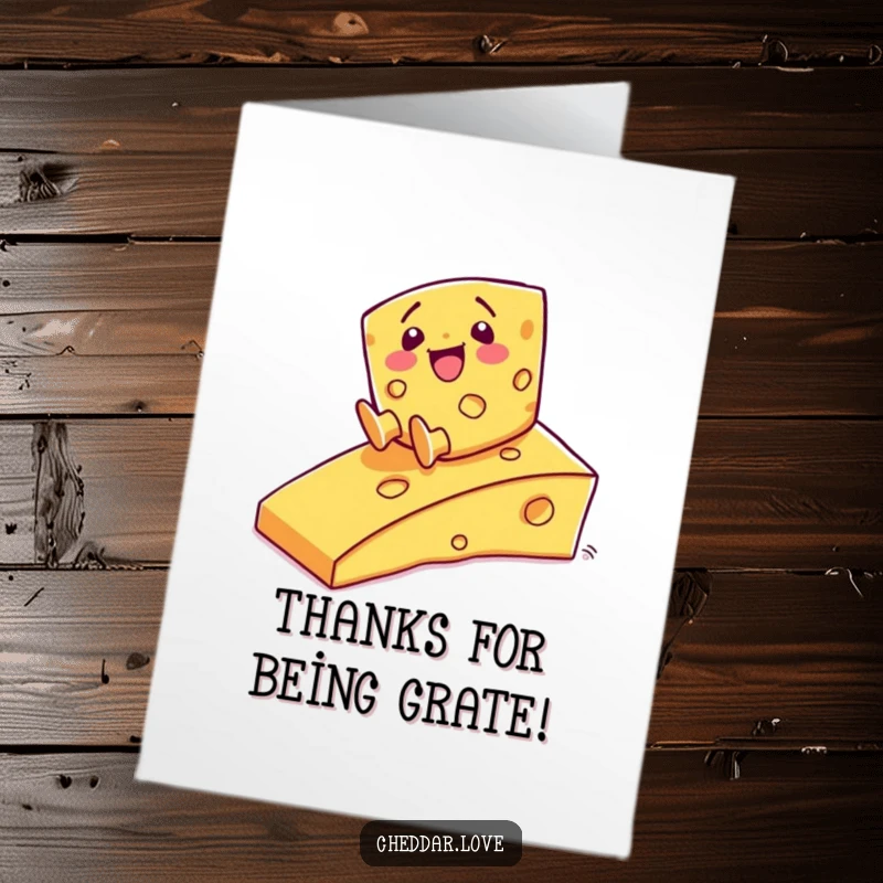 Funny Free Printable Thank You Card: A happy cheese character sliding down a cheesy ramp, conveying thanks with joy.