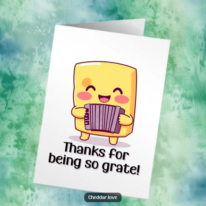 Funny Free Printable Cheese Thank You Card: Smiling cheddar cheese playing an accordion, expressing thanks.