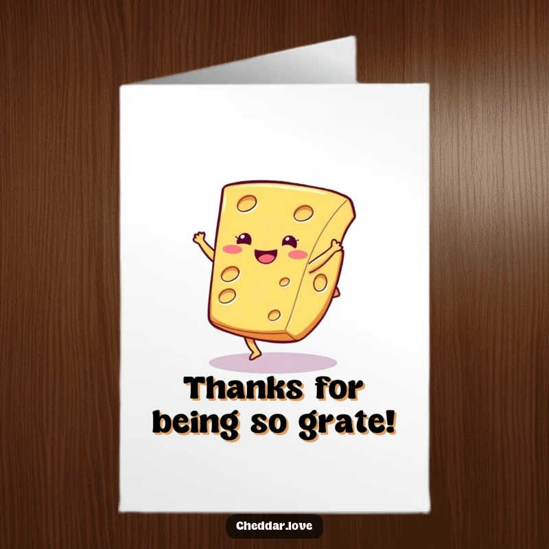Funny Free Printable Thank You Card: A smiling cheese slice performing a cartwheel, conveying energetic thanks.