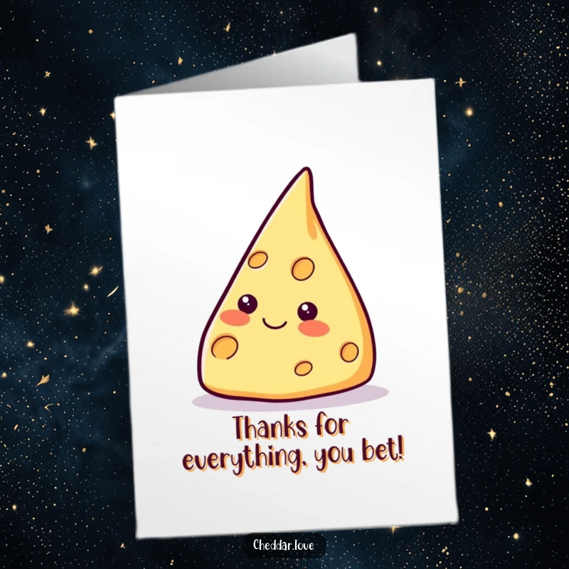 Funny Free Printable Thank You Card featuring a smiling cheese wedge dramatically pointing upwards, a cheesy way to show appreciation.