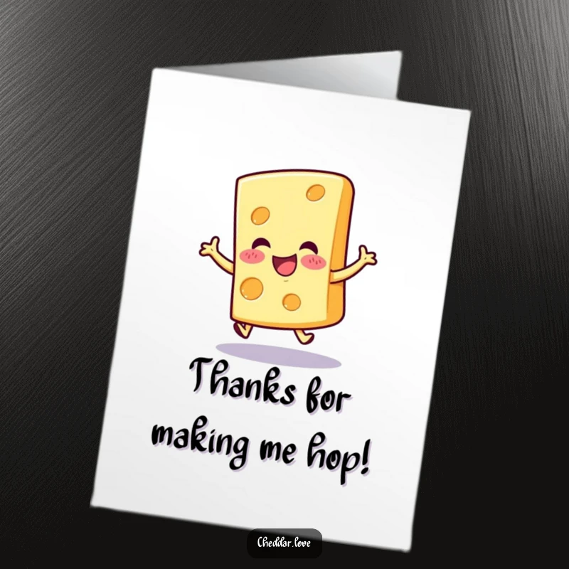 Funny Free Printable Thank You Card featuring a cheerful cheese slice doing an excited hop, a bubbly way to say thank you.