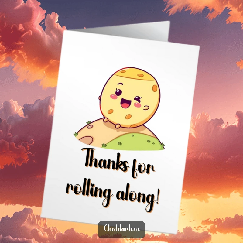 Funny Free Printable Thank You Card: A joyful cheese wheel is rolling down a hill, expressing thanks. Hilarious and easy to print.
