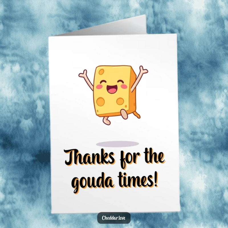 Funny Free Printable Thank You Card: A cheese block airborne with happiness, offering a joyous expression of thanks.
