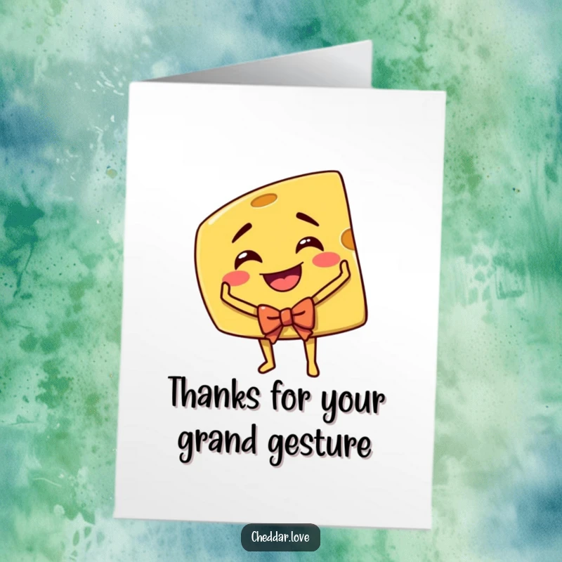 Funny Free Printable Thank You Card: Wedge of cheddar cheese performing a dramatic theatrical bow with a grin.