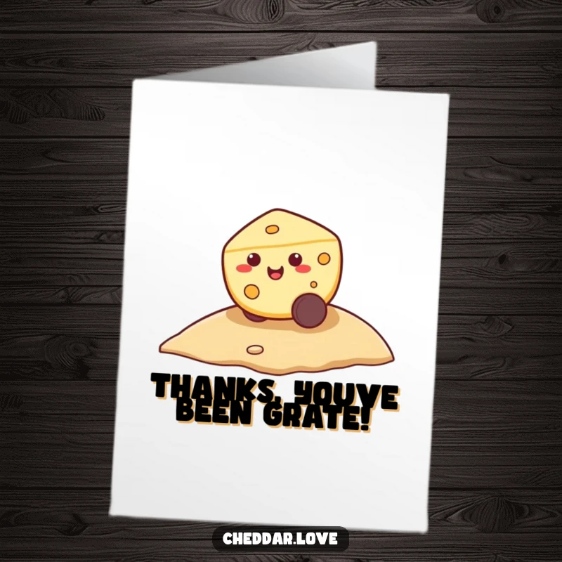 Funny free printable thank you card, a smiling cheese wheel joyfully rolling down a gentle slope, sending thanks.