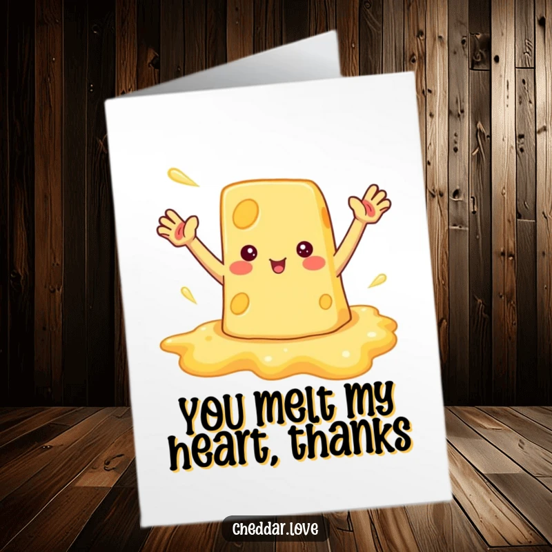 Funny Free Printable Thank You Card of a happy melted cheese puddle waving, great for DIY appreciation.