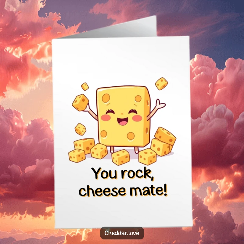 Funny Free Printable Thank You Card: Smiling cheddar cheese block performing an impressive juggling act with smaller cheese cubes.