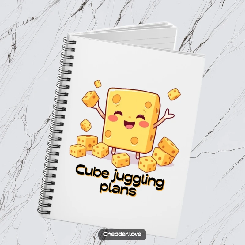 Funny Cheddar Cheese Notebook, a smiling block juggling cubes, perfect for capturing creative thoughts.