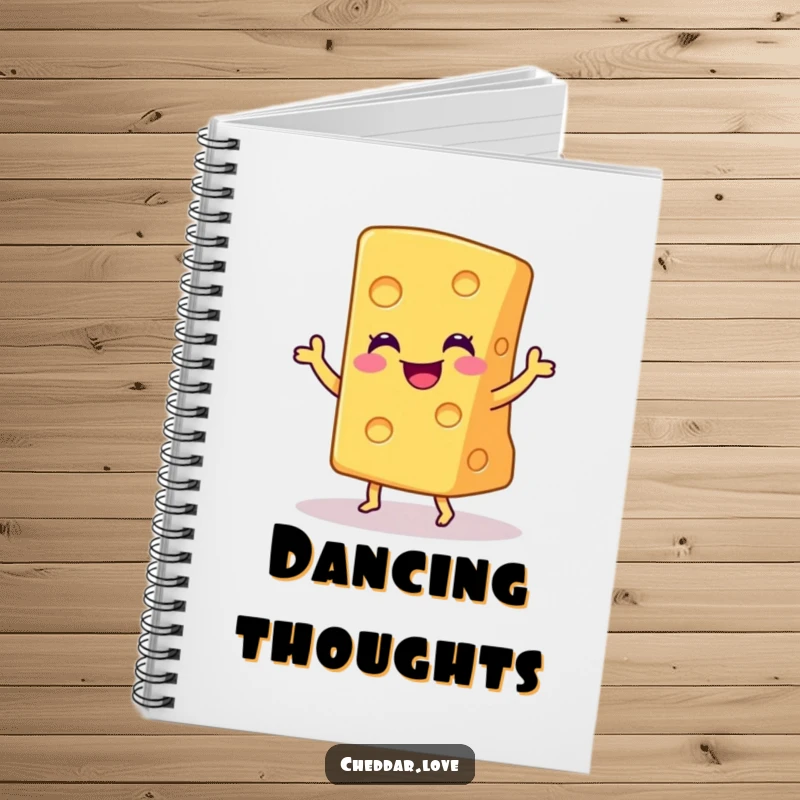 Funny notebook cover featuring a smiling wedge of cheddar cheese doing a joyful little dance, inspiring creativity.