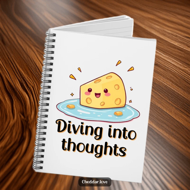 Funny notebook with a cover featuring a cheese wedge comically diving into a pool of glee, inspiring creativity.