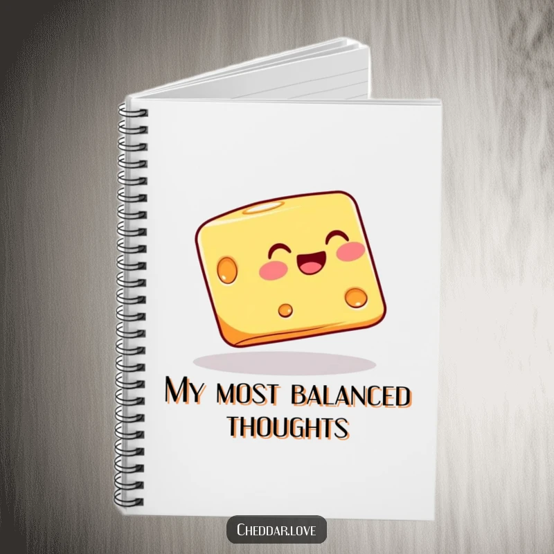 Funny cheese block joyfully balancing on its corner, on a notebook, for jotting down ideas with quirky flair.