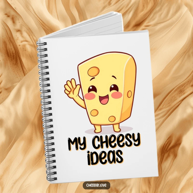 Funny cheese character cheering with a raised hand, designed for a funny notebook, making it a great funny gift.