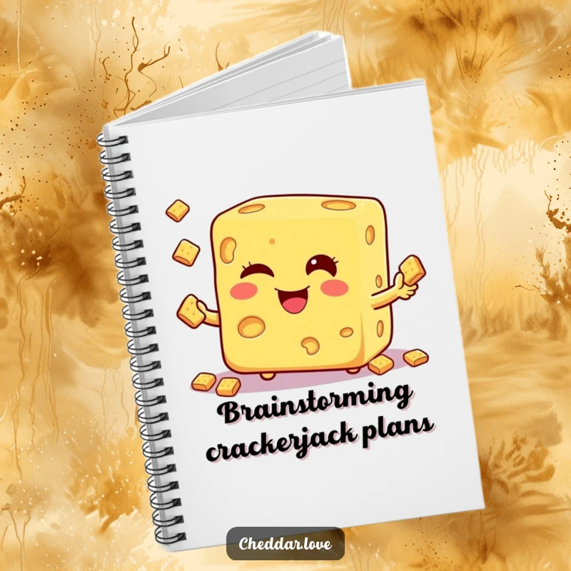 Funny notebook cover with a winking cheese cube juggling crackers, perfect for jotting down notes and doodles.