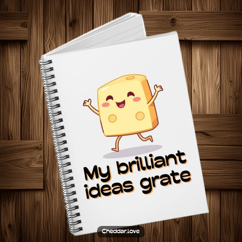 Funny wedge of cheese dancing on a notebook cover, perfect for a funny gift.