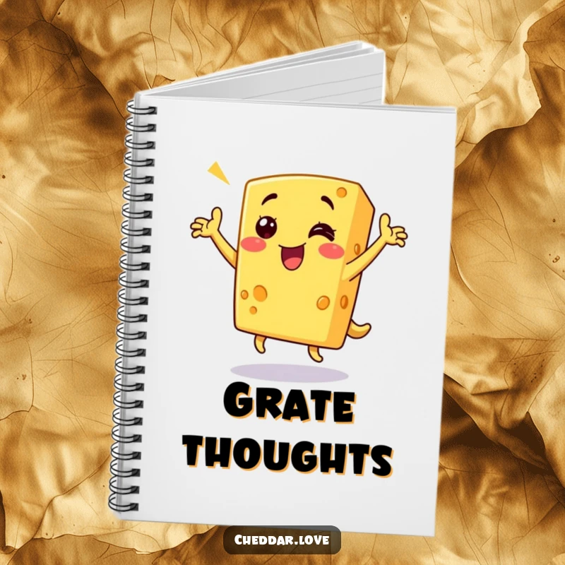 Funny cheese notebook depicting a grinning piece of cheddar cheese doing a triumphant dance, perfect for journaling with humorous flair.