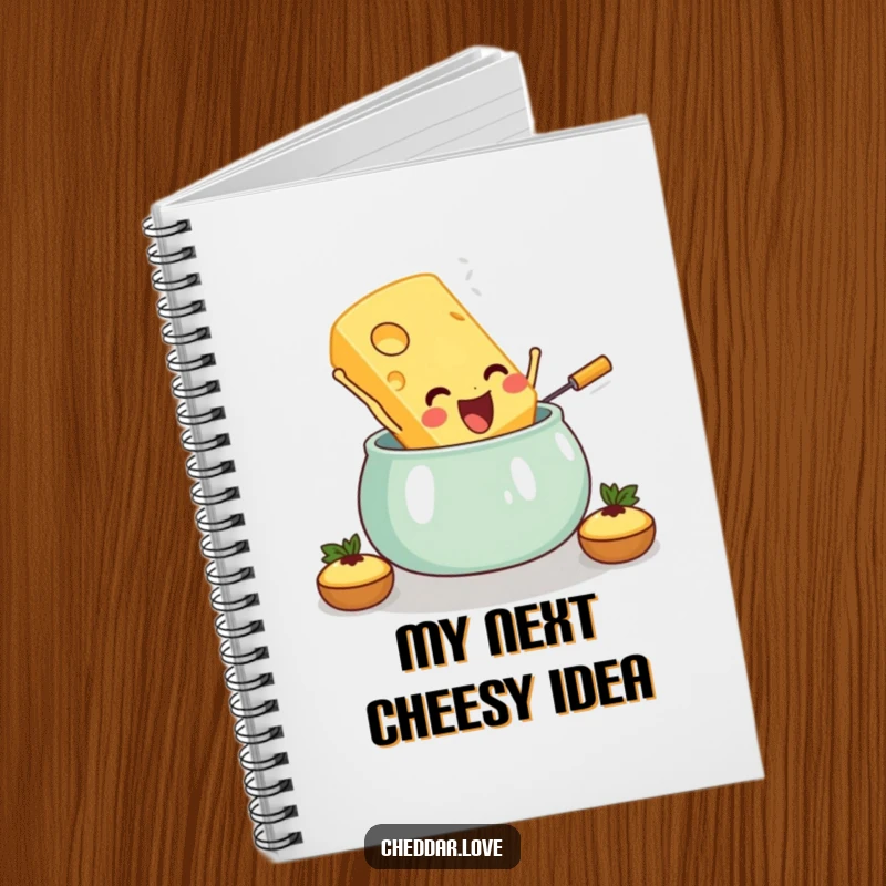 Funny notebook featuring a cheese slice leaping into a fondue pot, perfect for jotting down cheesy thoughts and ideas.