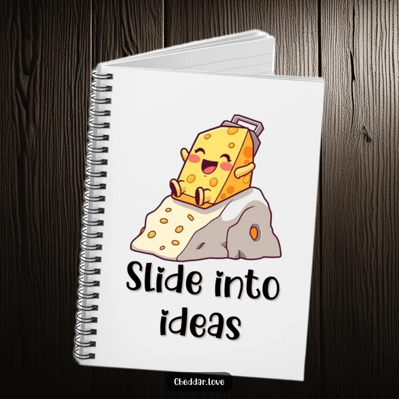 Funny Cheddar Cheese Notebook, a happy character sliding down a cheese grater mountain, for jotting ideas.