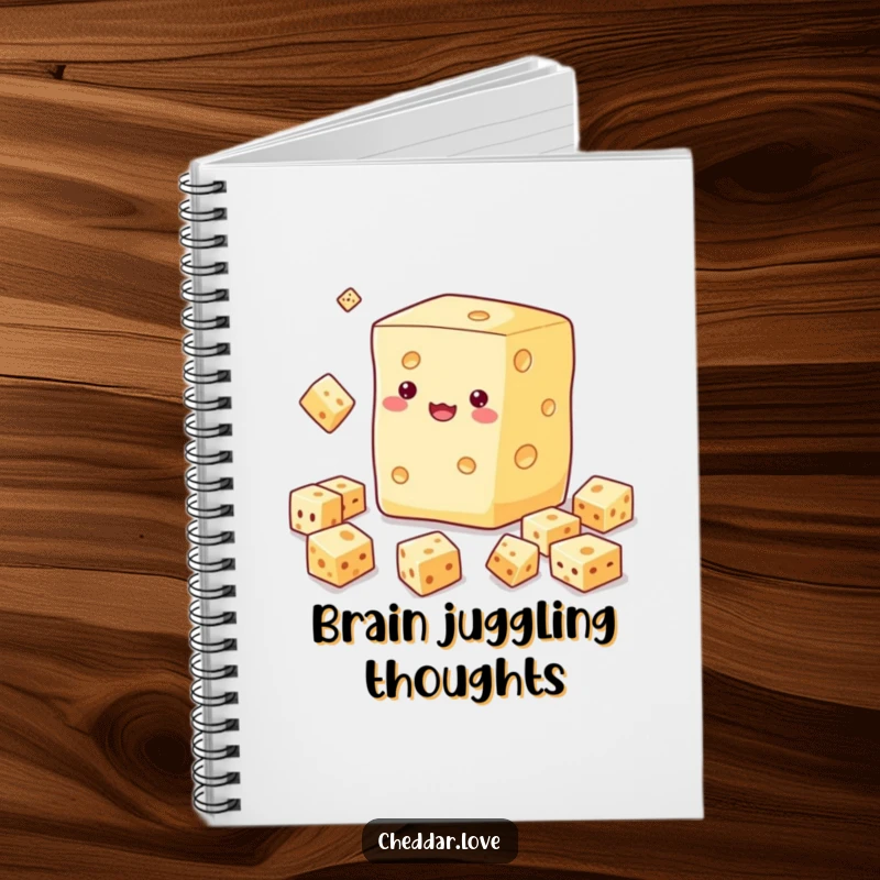 Funny notebook featuring a cheese block juggling smaller cheese cubes, perfect for note-taking with a humorous flair.