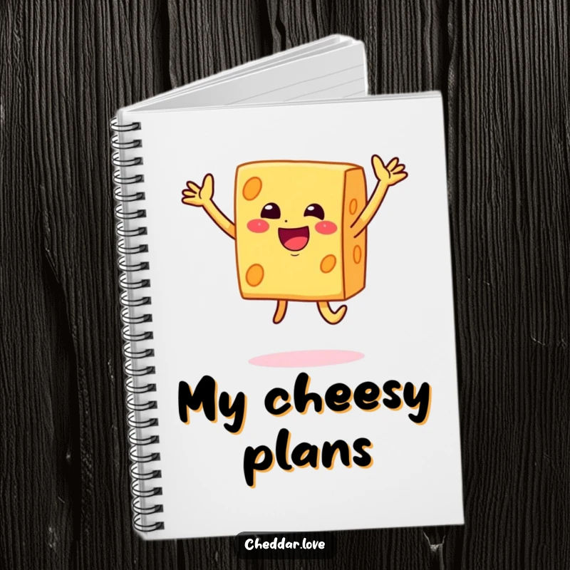 Funny smiley block of cheddar cheese doing a joyful jump in this cheerful and humorous notebook.