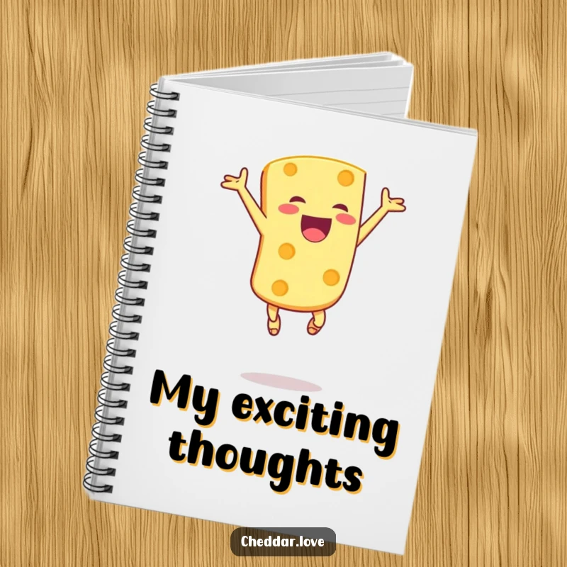 Funny notebook featuring a joyful cheese chunk leaping in the air with sheer excitement, perfect for capturing happy thoughts.