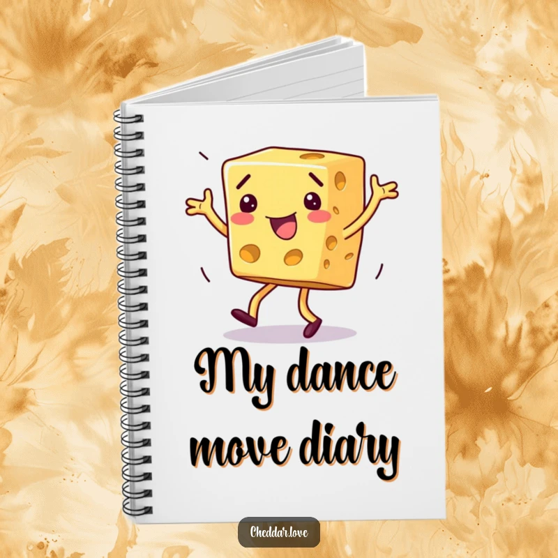 Funny dancing cheese notebook, a block of cheese in a whimsical dance, ready for capturing notes and creative sparks.