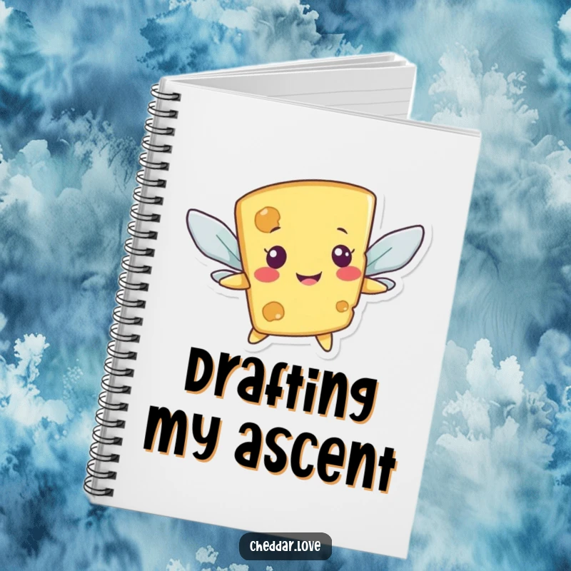 Funny notebook cover featuring a smiling cheese character awkwardly flying with cracker wings, inspiring creativity.