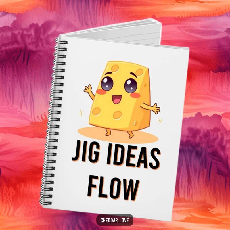 Funny Cheddar Cheese Notebook, googly-eyed wedge dancing a jig, perfect for jotting down cheesy thoughts.