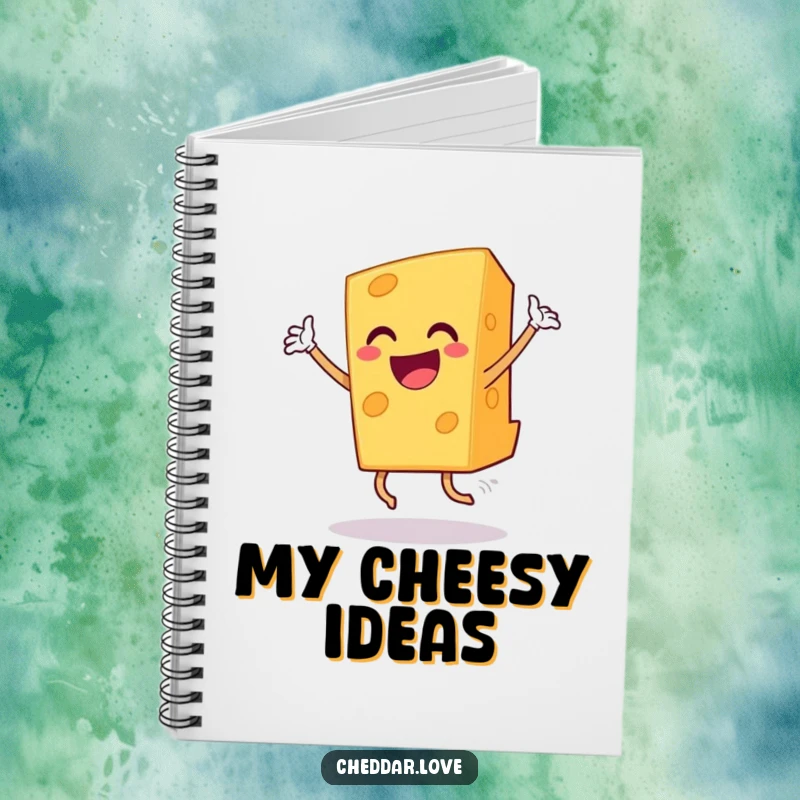 Funny grinning cheddar cheese slice dancing triumphantly, a humorous and inspiring notebook.