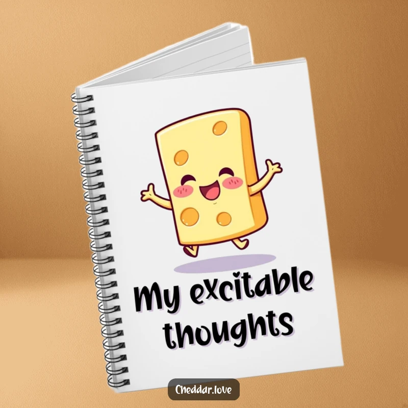 Funny cheerful cheese slice notebook, doing a little hop, ideal for jotting down happy thoughts and bright ideas.