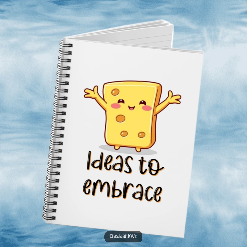 Funny cheese hug notebook, a slice of cheese with outstretched arms, ready for a hug, perfect for jotting thoughts and feelings.