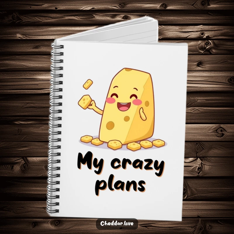 Funny cheese wedge grinning and juggling tiny crackers, on a notebook, for jotting down ideas with playful flair.