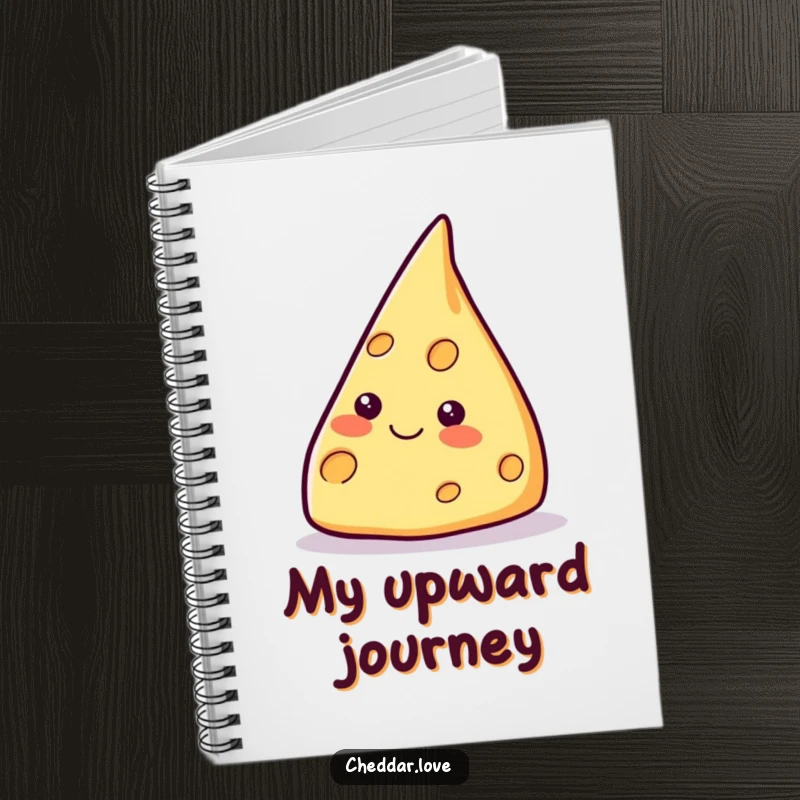 Funny smiling cheese wedge notebook, pointing upwards, ideal for jotting down goals and ambitious plans.