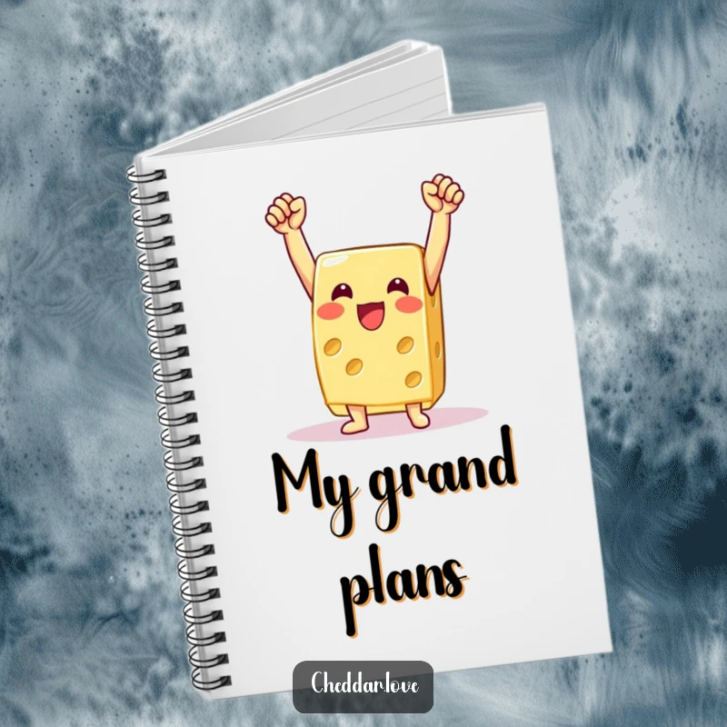 Funny cheese notebook, a celebratory cheese slice with arms raised in victory, perfect for jotting down winning ideas.