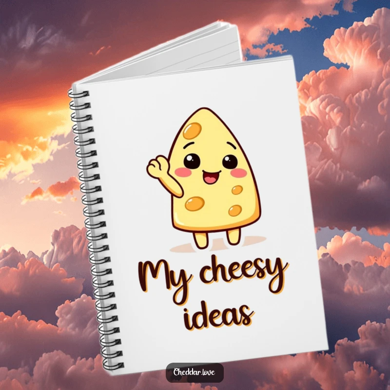 Funny cheese character doing a cheerful wave with a raised corner, on a humorous cheese notebook, ideal for writing.
