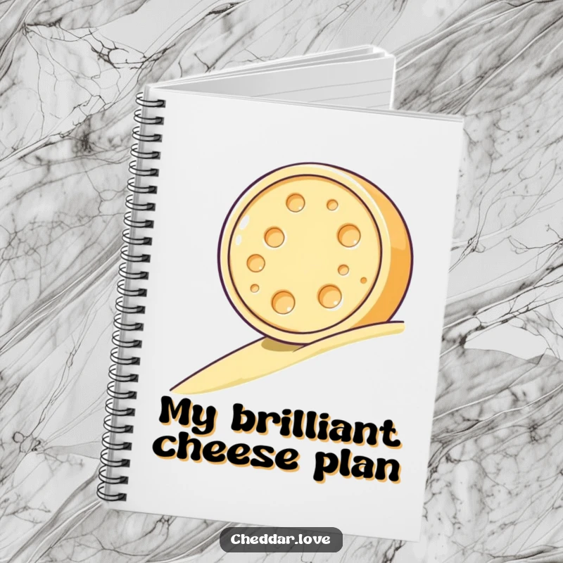 Funny notebook cover with a cheese wheel happily rolling, inspiring creativity and adding a touch of lightheartedness to note-taking.