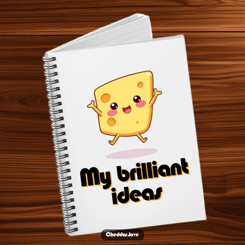 Funny notebook with a cheerful wedge of cheese doing a cartwheel, ideal for note-taking with a humorous twist.