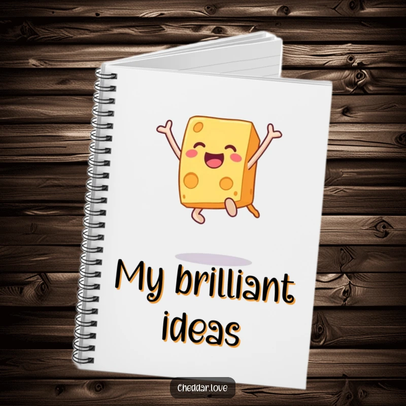 Funny notebook with a joyful cheese block mid-leap, encouraging creative expression. An excellent funny gift for note-takers.